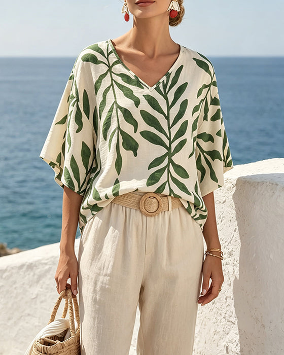 V-Neck Half Sleeve Leaf Print Blouse