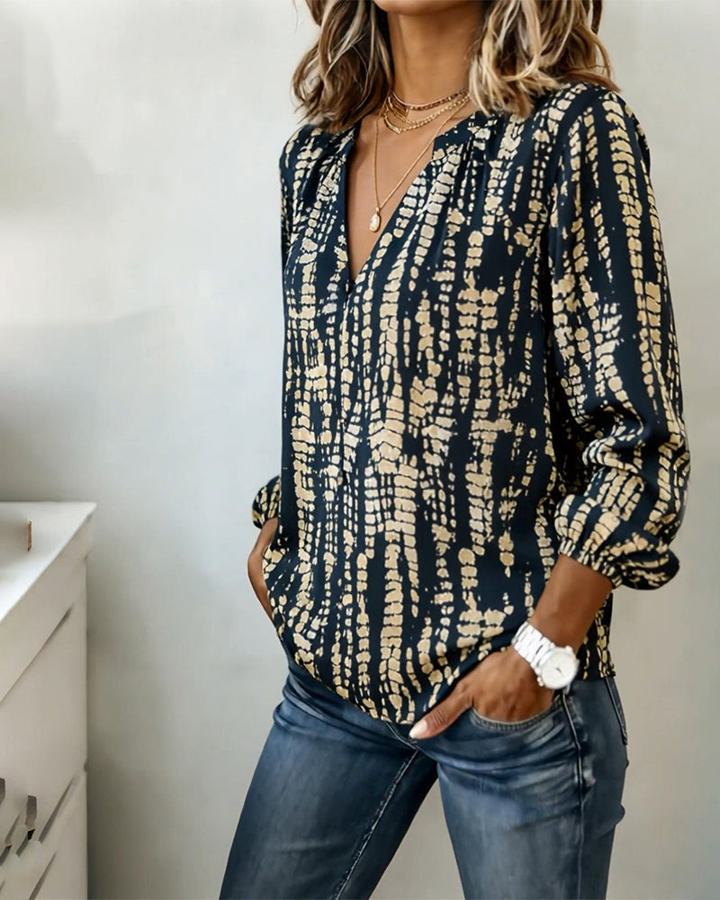 Stand-Collar Long-Sleeved Printed Top
