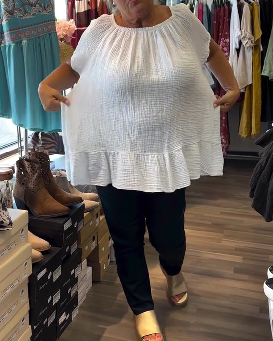 Crew Neck Smocked Relaxed Solid Blouse