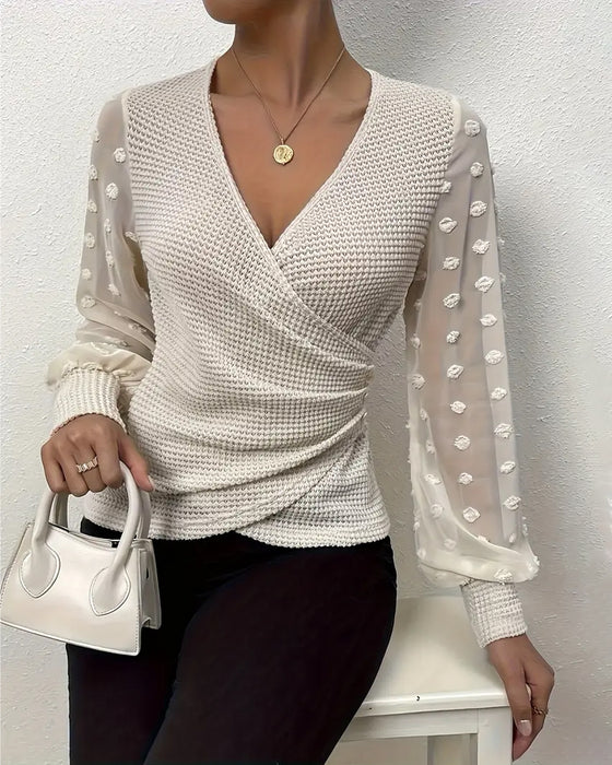 V-Neck Pleated Long Sleeve Top