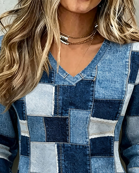 V-Neck Plaid Color-Block Top