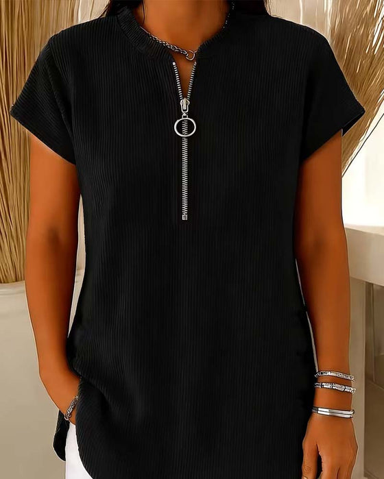 Solid Short Sleeve Zip Blouse
