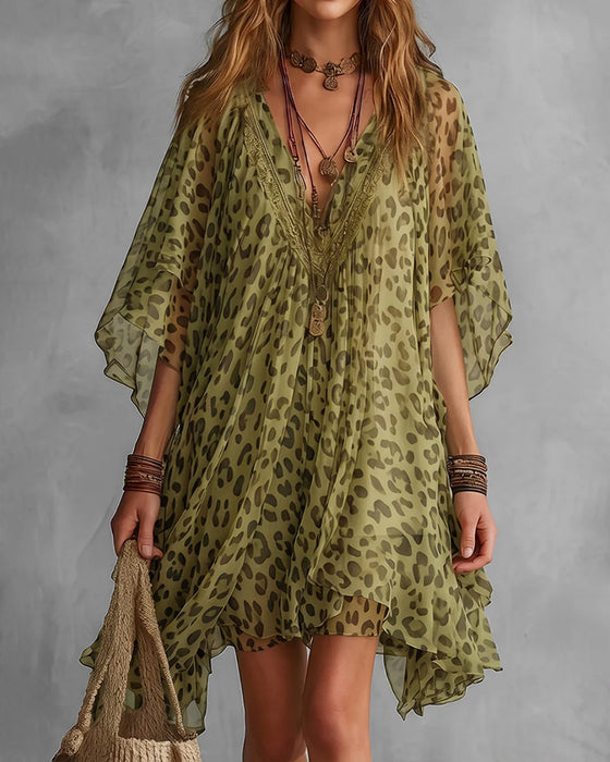 Irregular V-Neck Leopard Dress