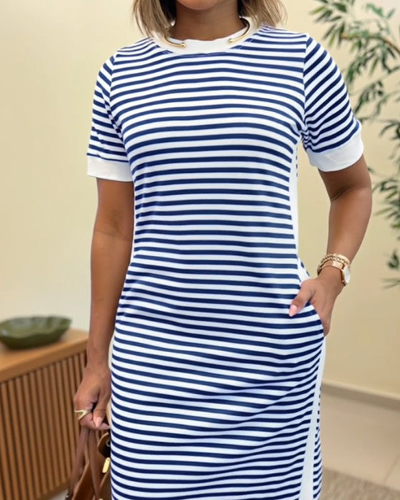 Crew Neck Striped Color Block Fitted Dress
