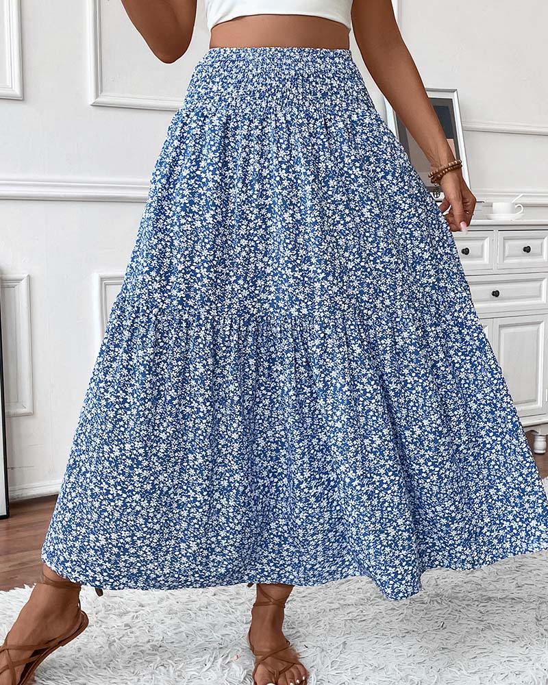Layered Tiny Flower Print A-Line Long Skirt