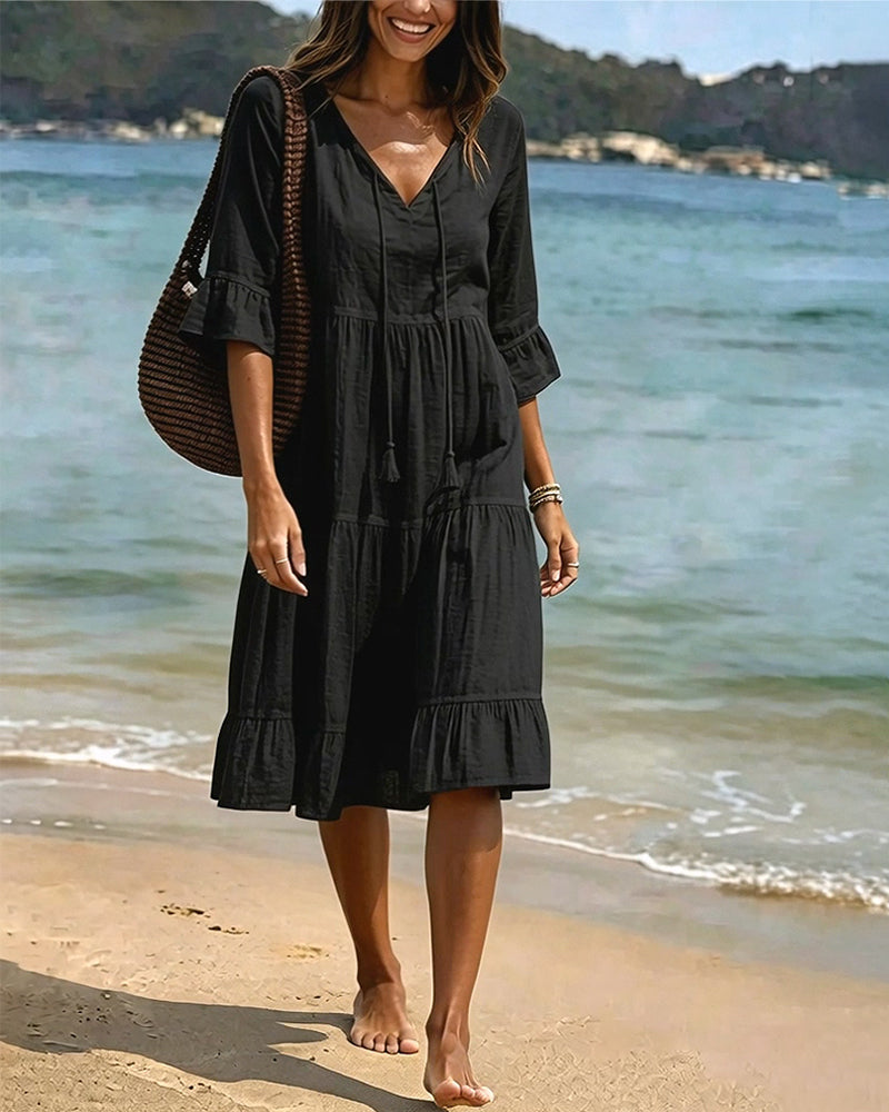 Flared Half Sleeve Tie Waist Dress