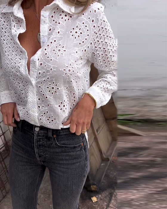 Long-Sleeved Lapel Cutout Shirt