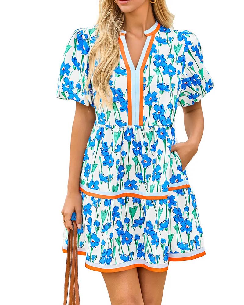 V-Neck Floral Bubble Sleeve Patchwork Dress