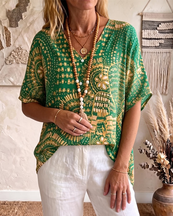 Ethnic Print V-Neck Blouse