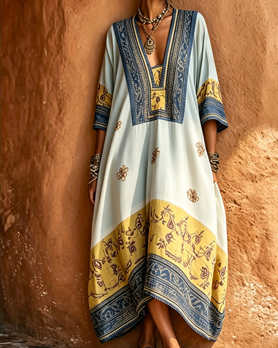 V-Neck Ethnic Large Hem Dress