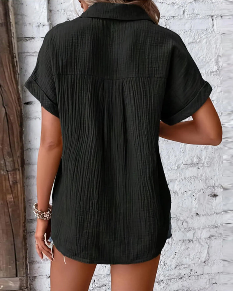 Textured Pleated Short Sleeve Lapel Shirt