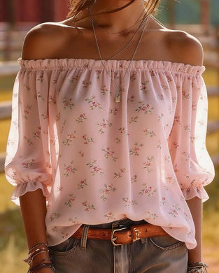 Off-Shoulder Floral Three-Quarter Sleeve Blouse