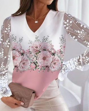 Floral print lace sleeves elegant top