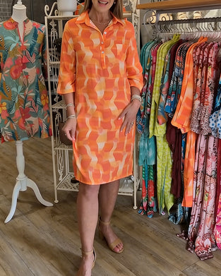 Three-Quarter Sleeve Collared Geometric Print Dress