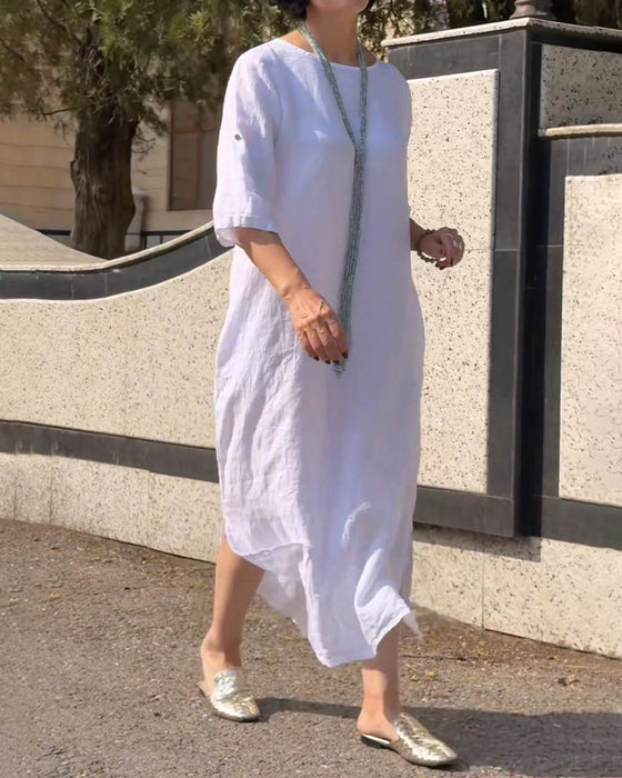Crew Neck Solid Elbow-Length Sleeve Loose Dress