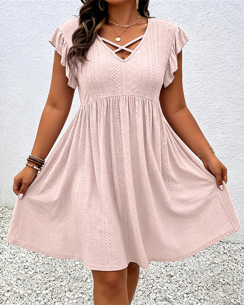 Solid Color Hollow-Out Lotus Leaf Sleeve Dress