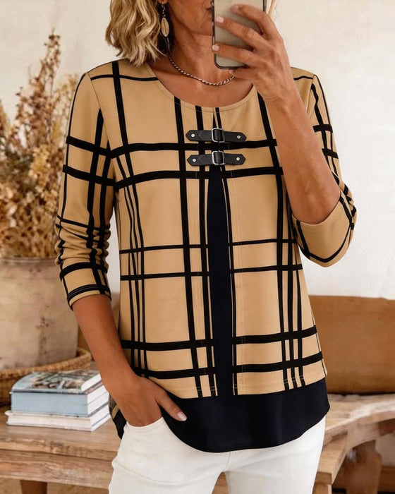 Plaid Mock Two-Piece Casual Blouse