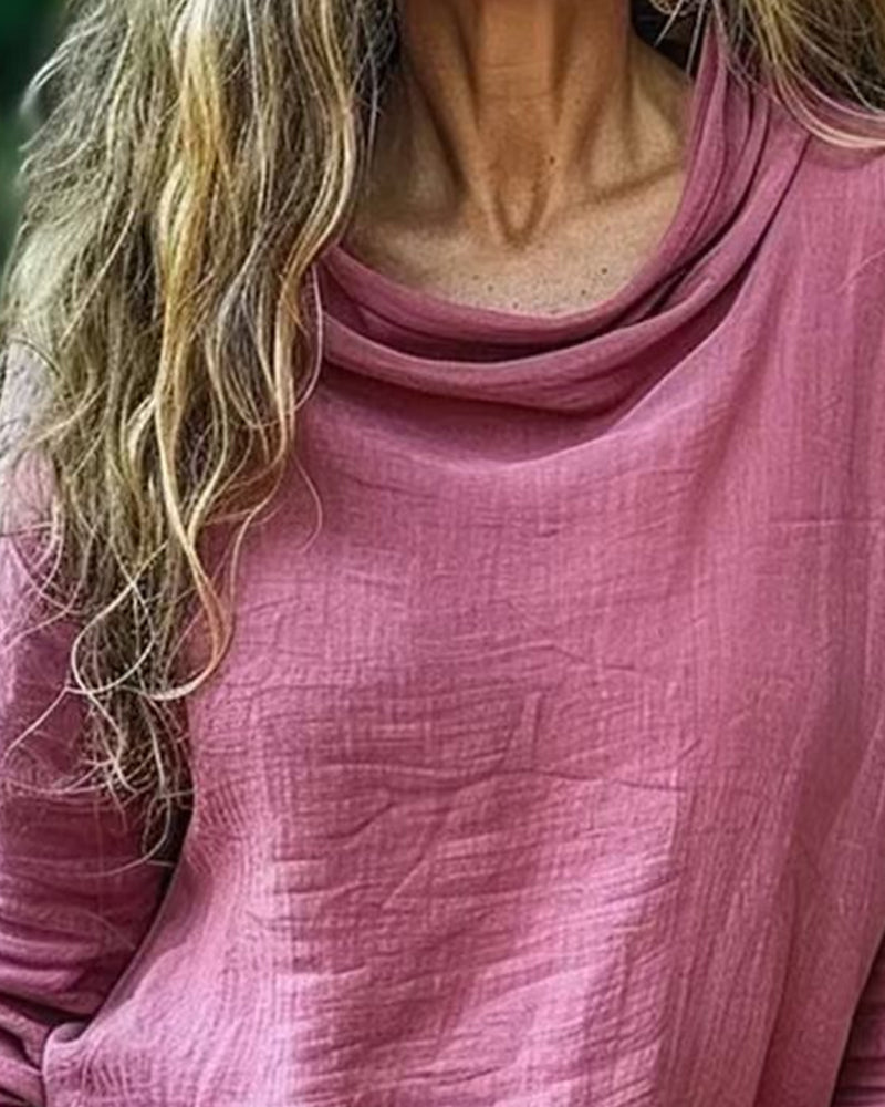 Draped Neck Casual Solid Long Sleeve Blouse