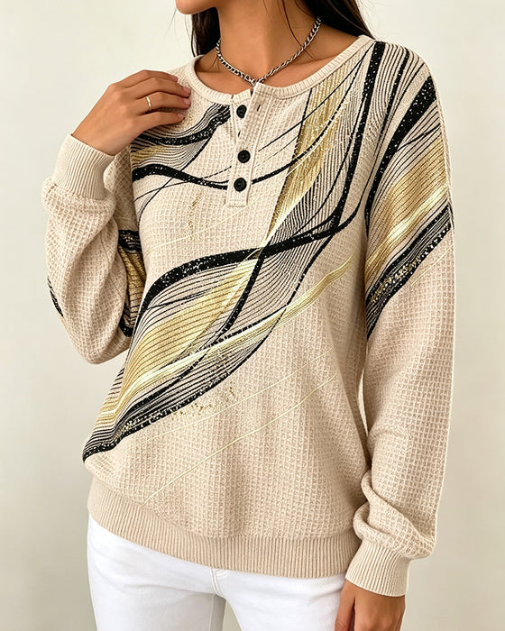 Crew-Neck Button-Down Stripe Sweatshirt