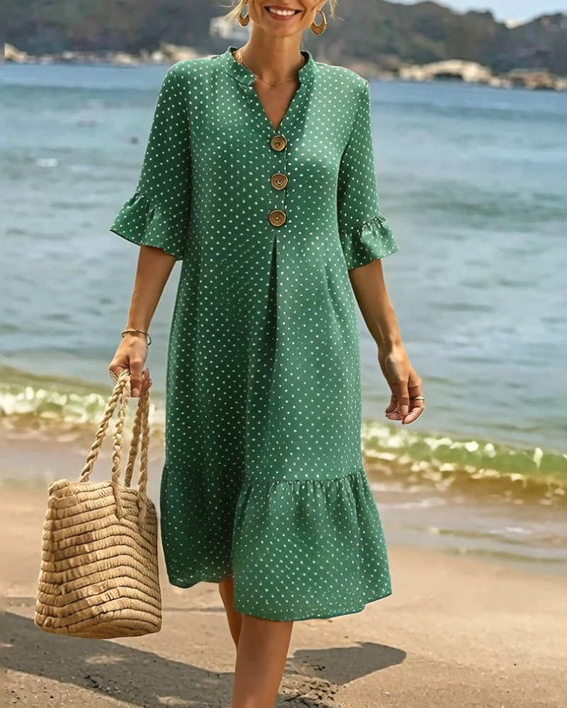 Polka Dot V-Neck Ruffle Sleeve Dress