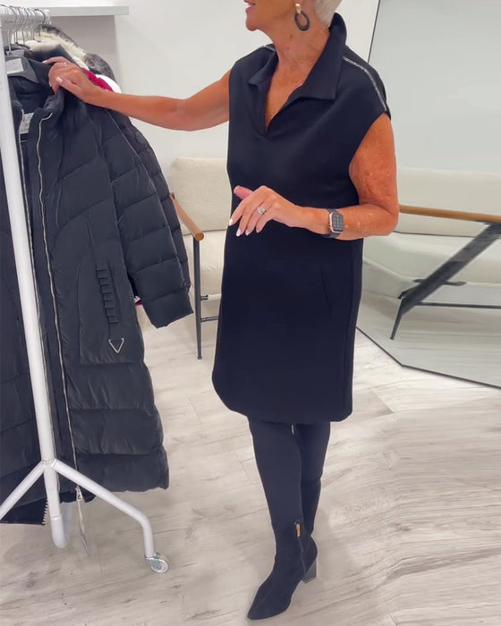 Sleeveless Lapel Pocket Solid Dress