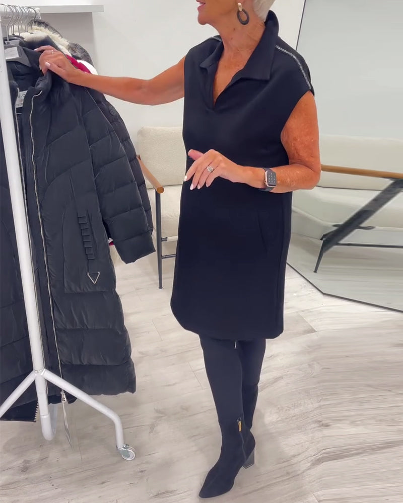 Sleeveless Lapel Pocket Solid Dress