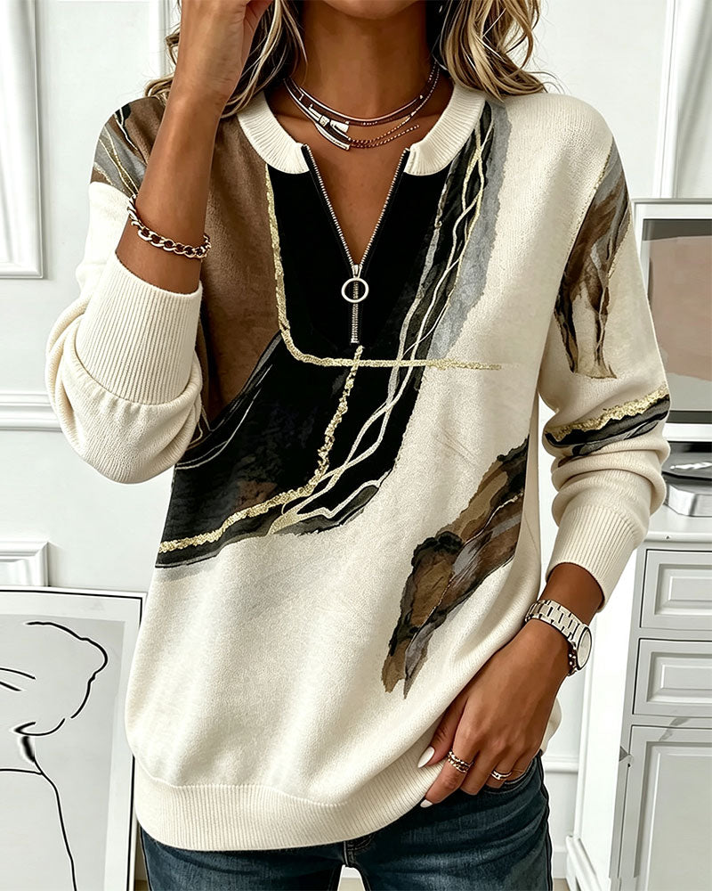 Round Neck Printed Half-Zip Sweatshirt