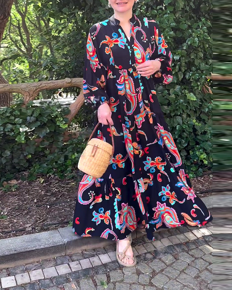 Vintage printed long sleeve patchwork dress