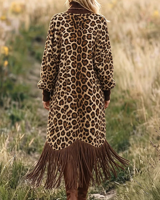 Leopard Print Fringed Lantern Sleeve Dress