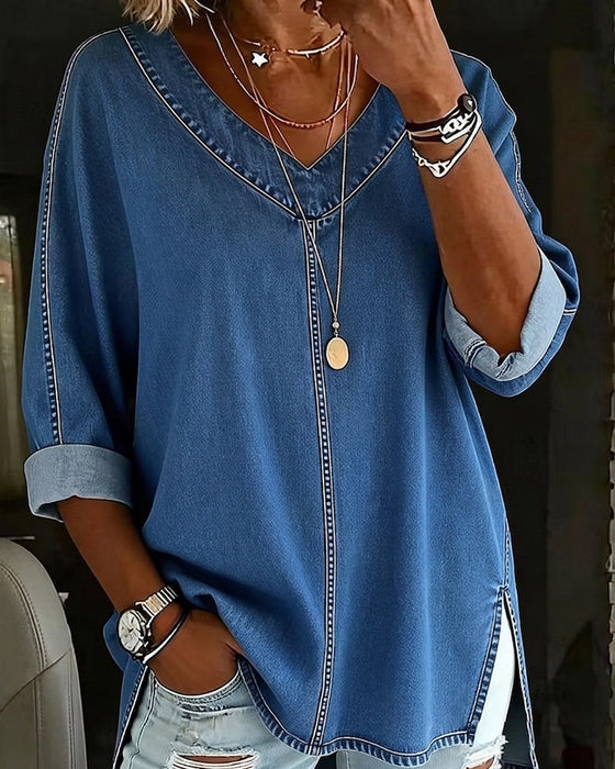 V-Neck Loose Denim Blouse