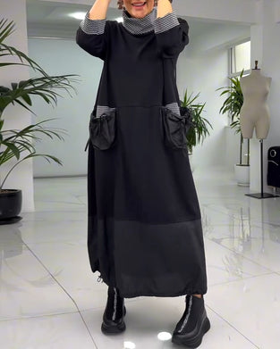 Casual plaid patchwork high collar pocket dress