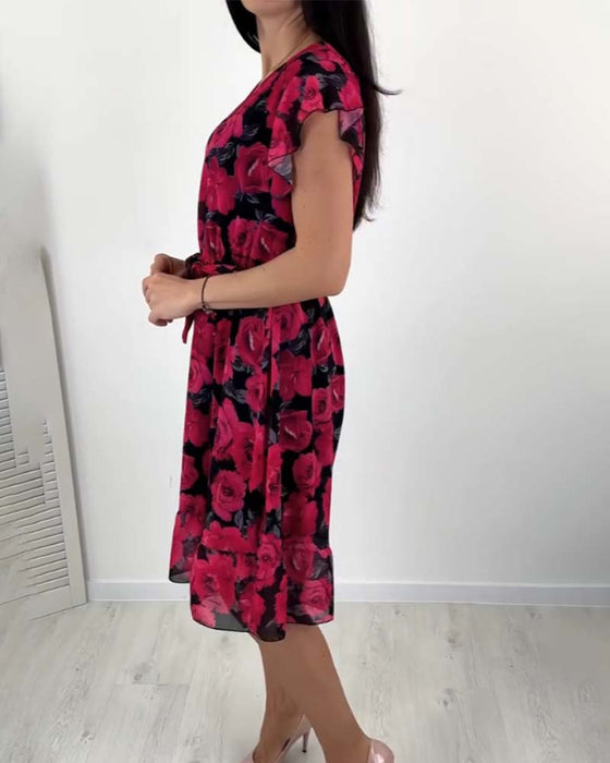 Short-sleeved rose print dress
