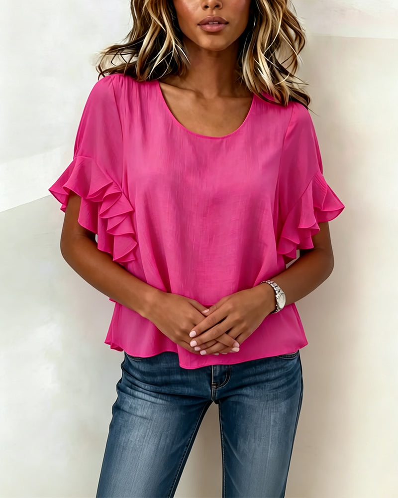 Round Neck Ruffled Short-Sleeved T-Shirt