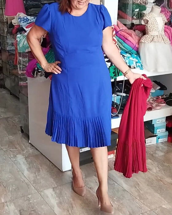 Solid color pleated short sleeve dress