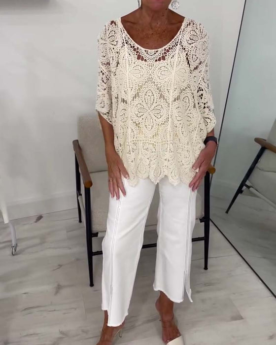 Three-Quarter Sleeve Cutout Pullover