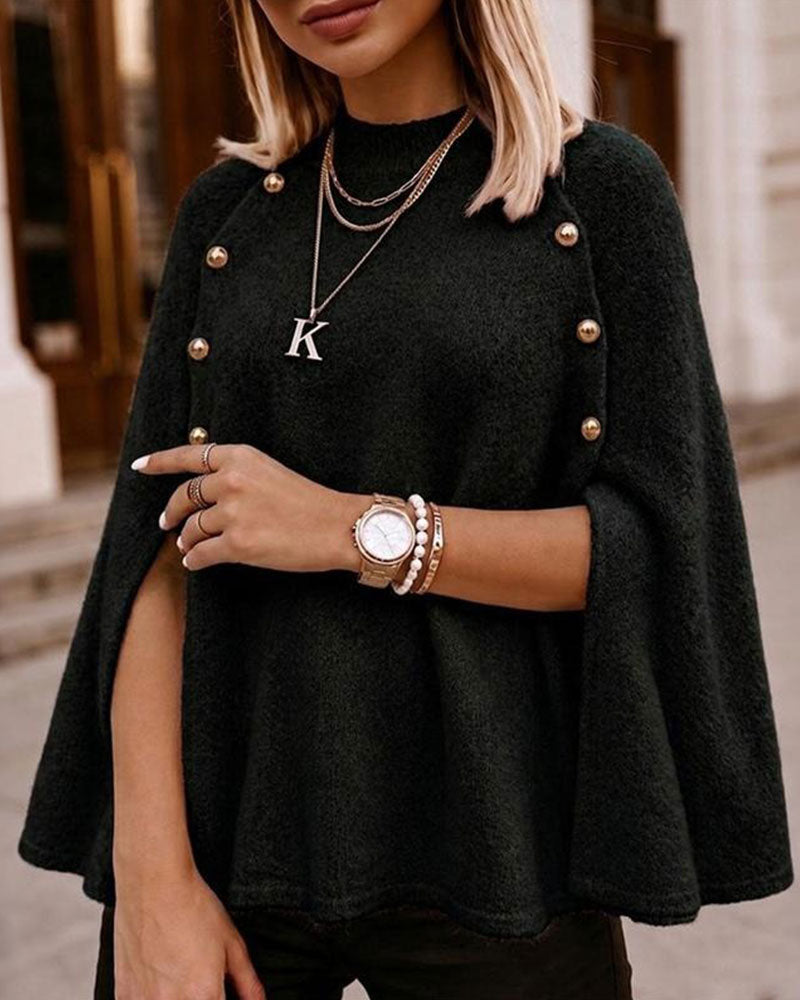 High Neck Buttoned Slit Pullover