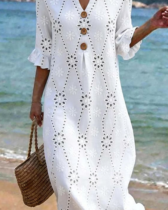 Small V-Neck Hollow Out Button Ruffle Dress