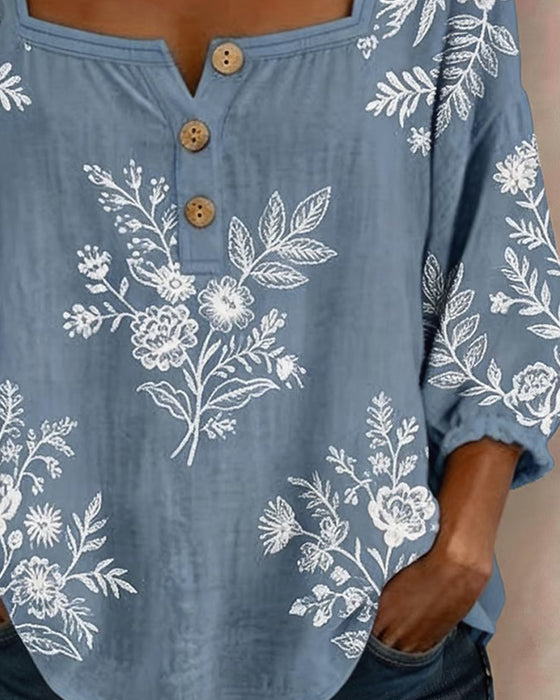 Square Neck Print Loose Blouse
