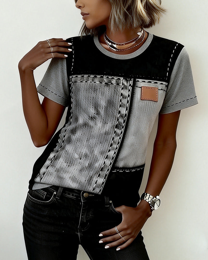 Color-Block Panel Round Neck Short Sleeve T-Shirt
