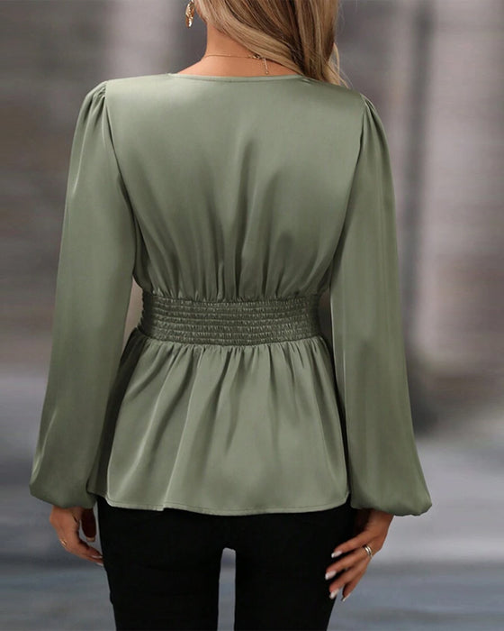 V-neck Puff Sleeve Waist Blouse