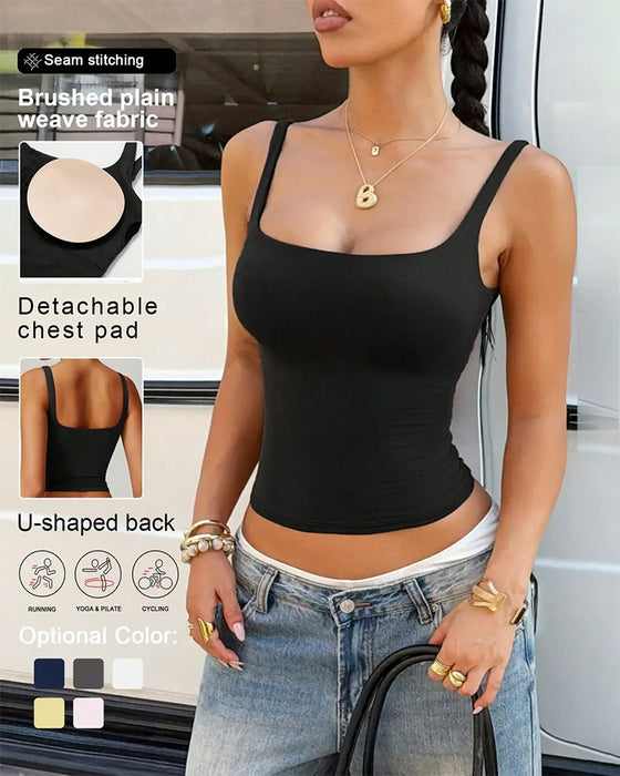 Solid Color Square Neck Built-In Bra Tank Top