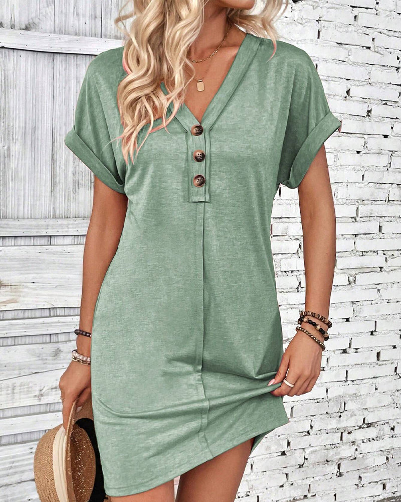Versatile Buckle V-Neck Dress