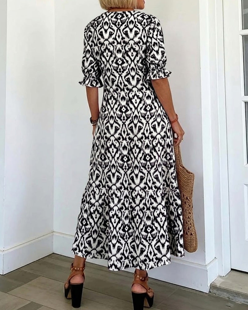 V-Neck Mid-Length Sleeve Ruffle A-Line Dress