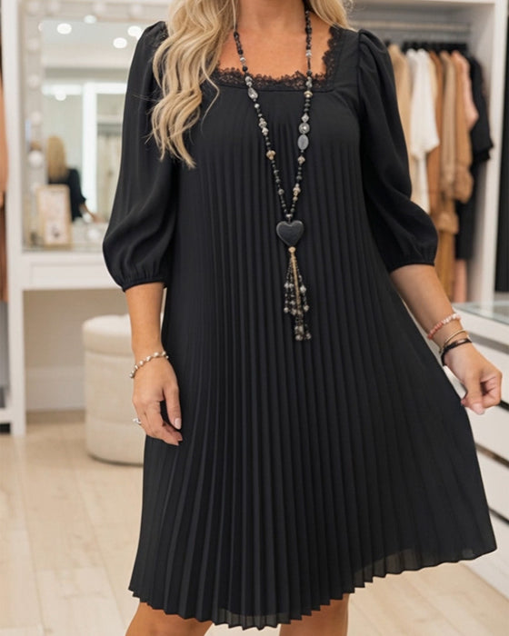Square-Neck Puff-Sleeve Pleated Dress