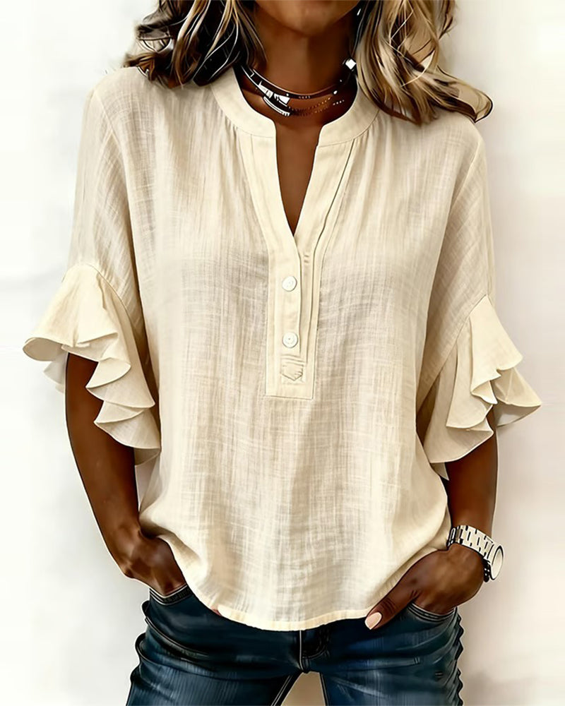 Cotton V-Neck Flutter Short Sleeve Blouse