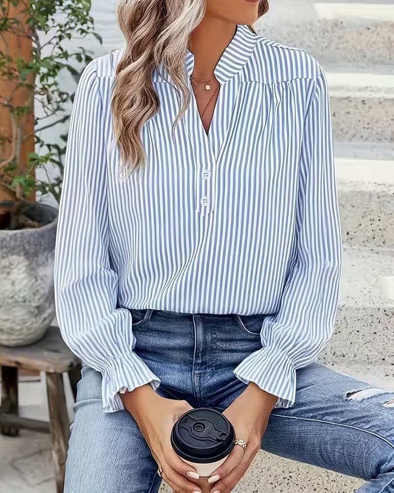 Button-Down V-Neck Striped Blouse