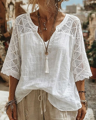 Solid-Color Paneled V-Neck Blouse