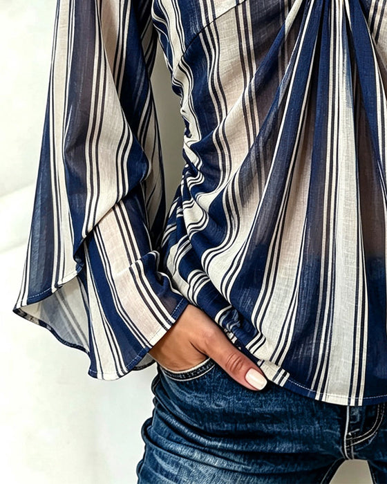 V-Neck Metal Ring Hollow Striped Top
