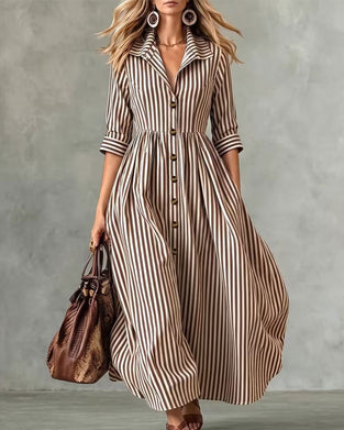 Shirt Collar Waist Striped Dress