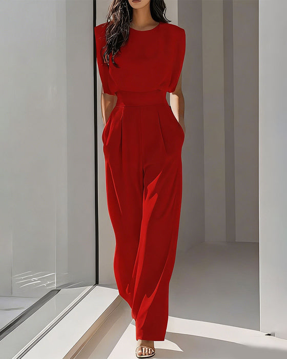 Solid Casual Belted Jumpsuit
